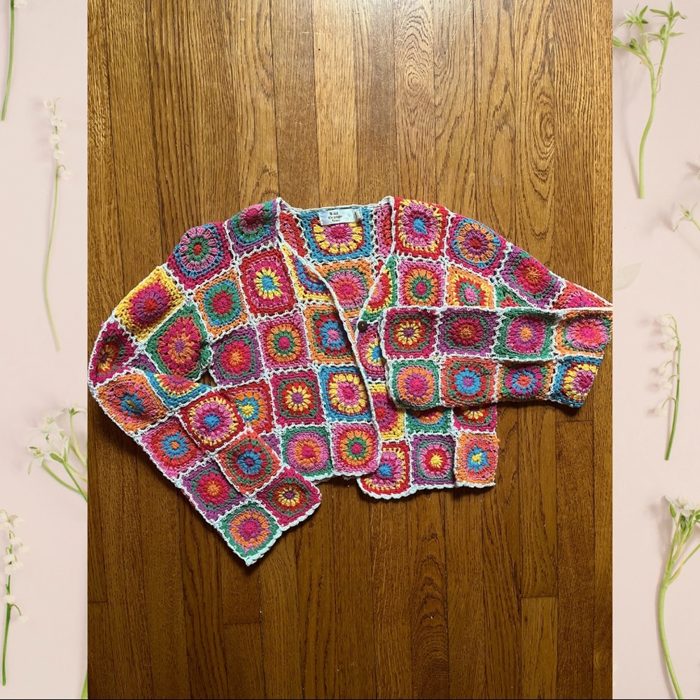 Wild Orange Tree Rainbow Crocheted Granny Square Cropped Cardigan